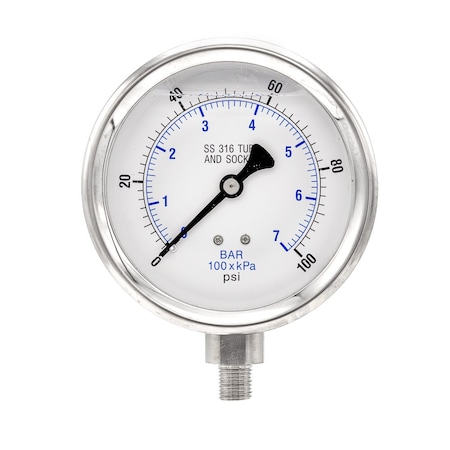Pro 4 in Dial, 0/100 PSI & Bar, 1/4 in NPT, Lower Mount Glycerin Filled Pressure Gauge PRO-301L-404E-01